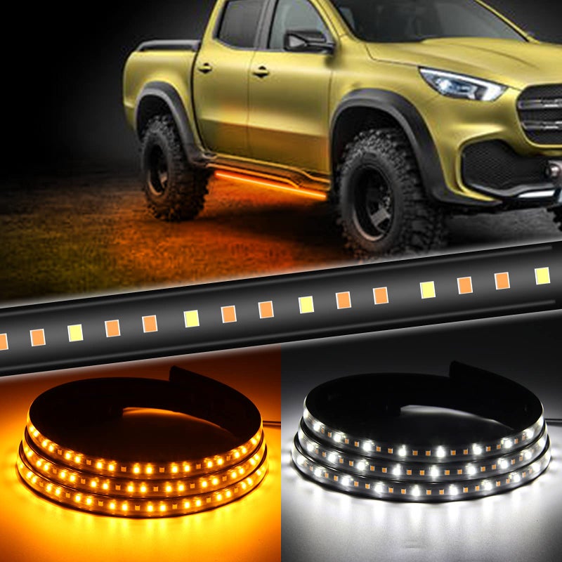 OPL5 Truck Running Board Lights, Amber Turn Signal Lights Sequential Side Maker Lighting Kits, 2PCs 48 Inch White Courtesy Flexible Step Strip Lights for Extended Crew Cab Trucks Pickup (48") - Image 1